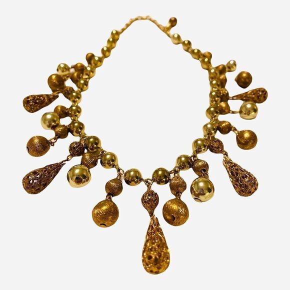 Vintage 50s Lisner Gold Tone Etruscan Revival Dangling Filgree Choker Necklace - Picture 5 of 11